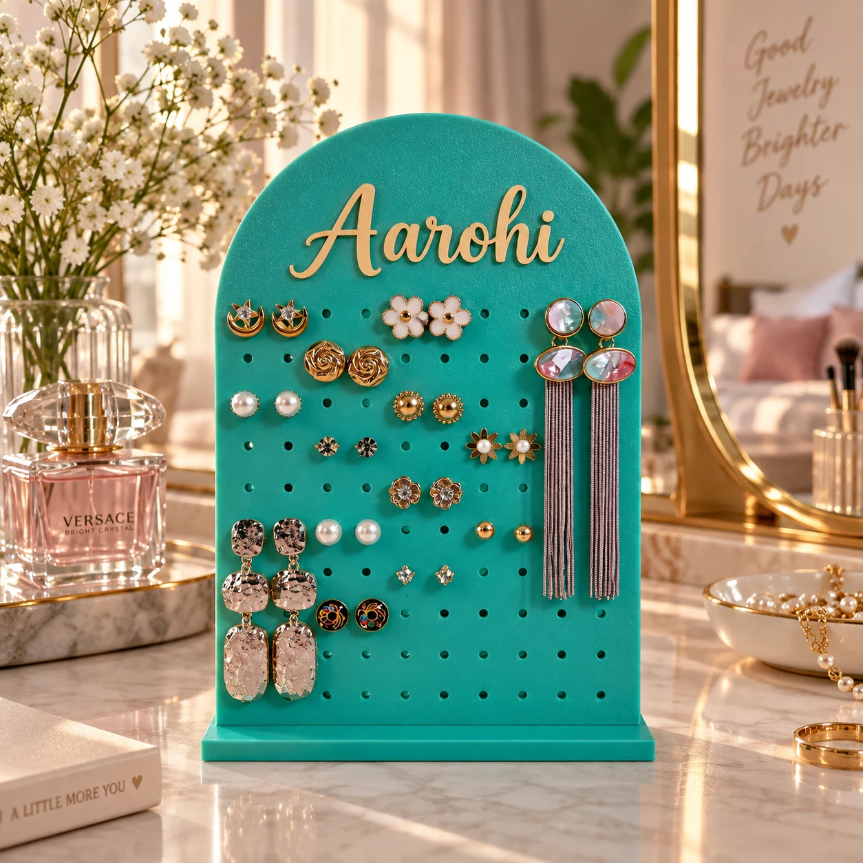 Sea green personalised earring organizer with custom name and jewellery display slots
