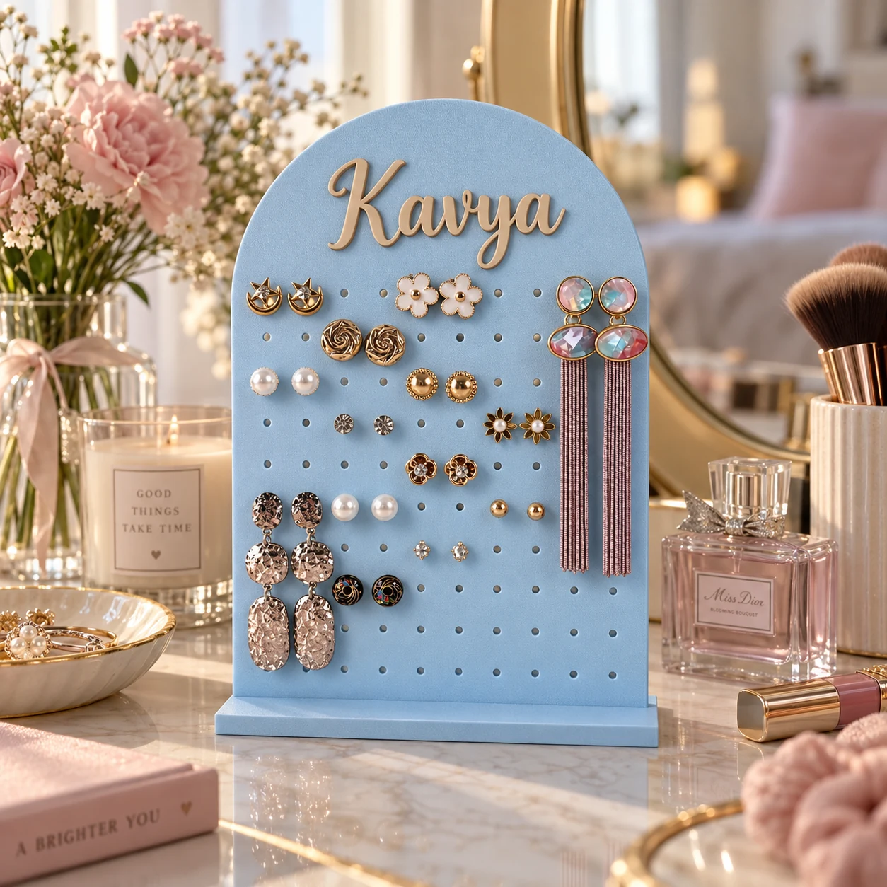 Sky blue personalised earring organizer with custom name and jewellery display slots
