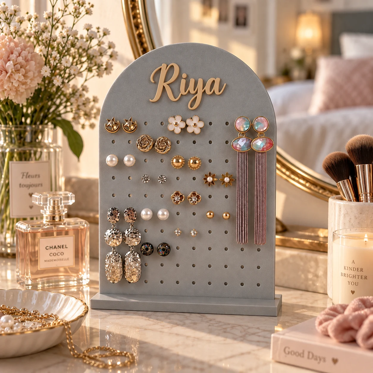 Grey personalised earring organizer with custom name and jewellery display slots