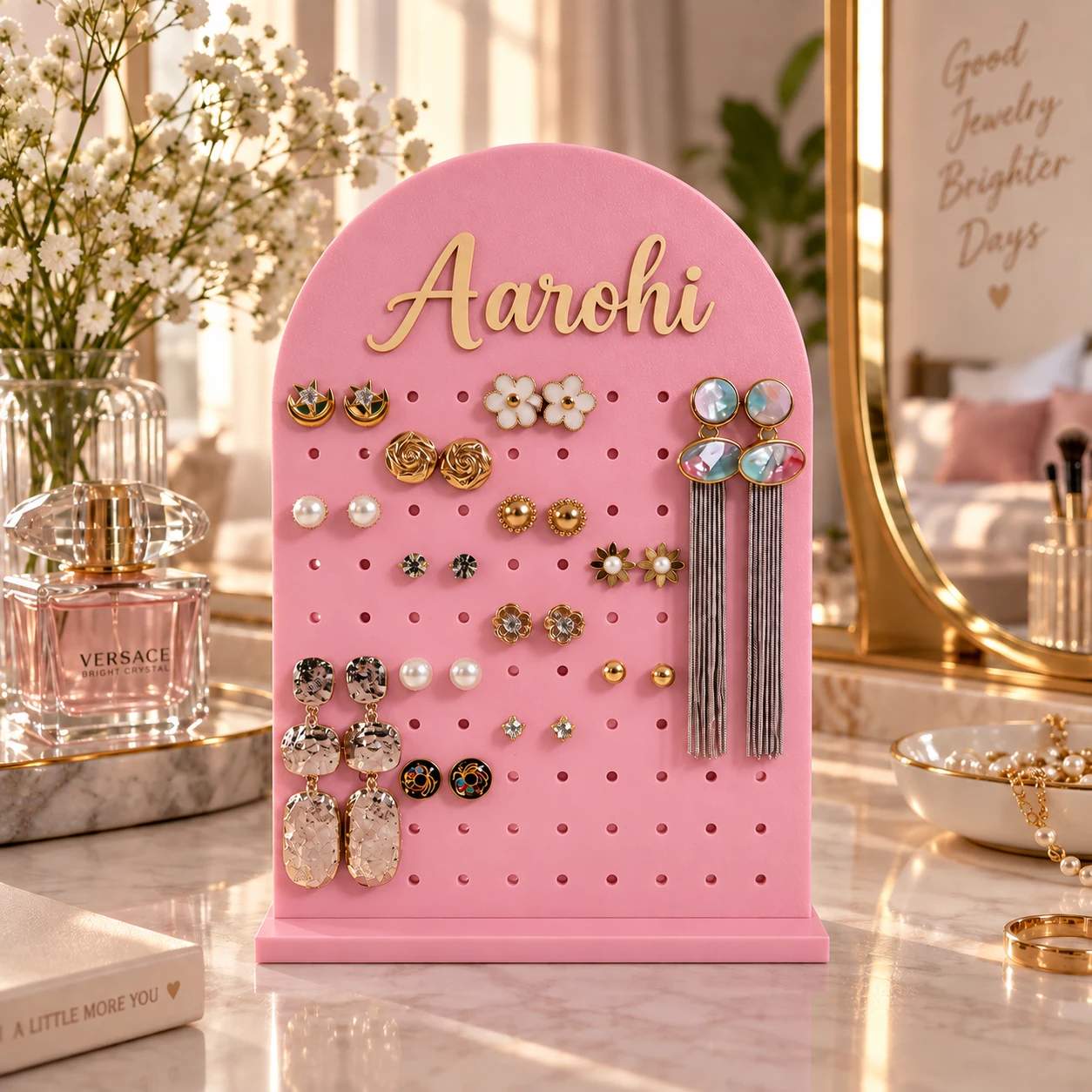 Pink personalised earring organizer with custom name and jewellery display slots