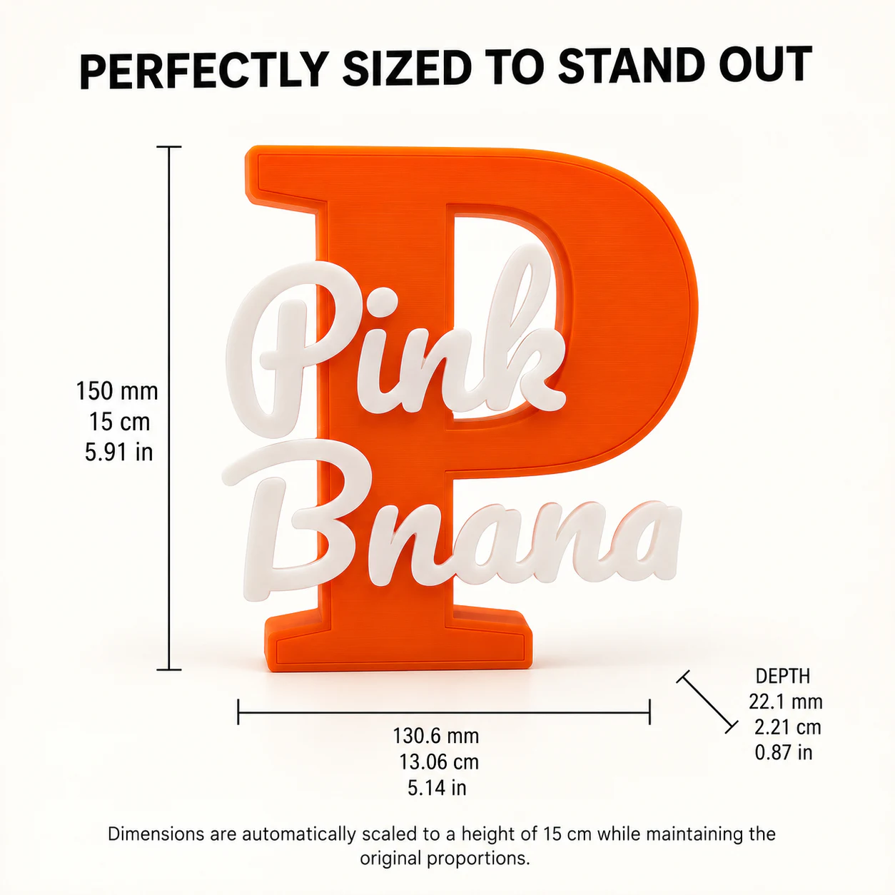 Personalised Pink Bnana kids name sign, orange letter and white script name, with 15 cm dimensions