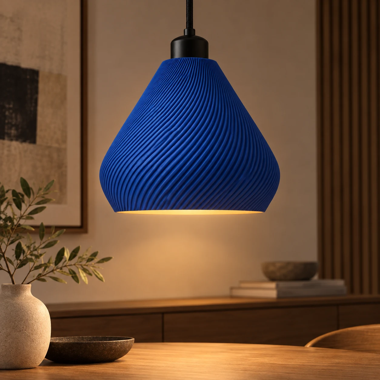 Pink Bnana Twirl Glow Pendant in royal blue — interior setting