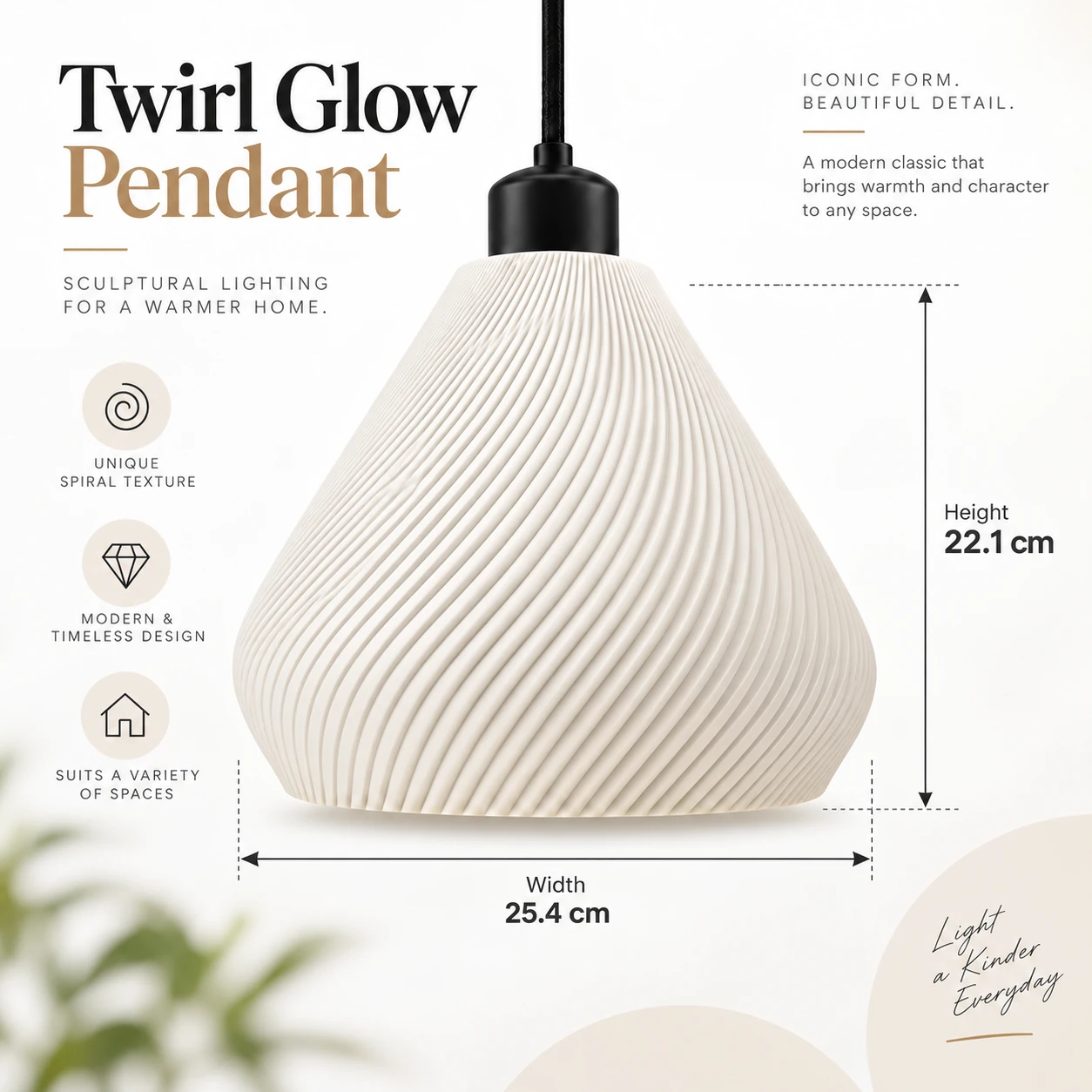 Pink Bnana Twirl Glow Pendant in white — shade measurements