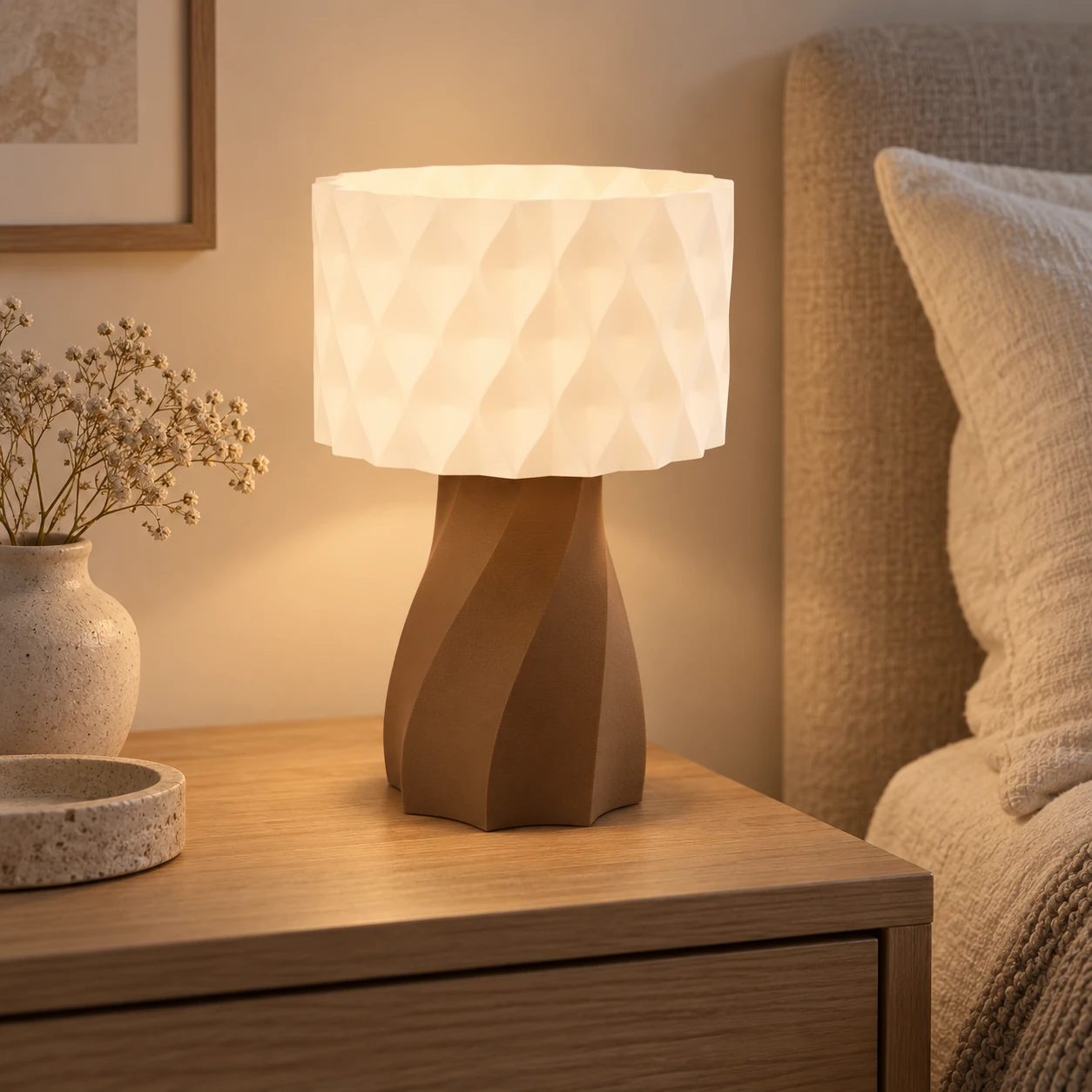 Pink Bnana Twirl Glow Table Lamp with brown base casting warm light on a bedside table