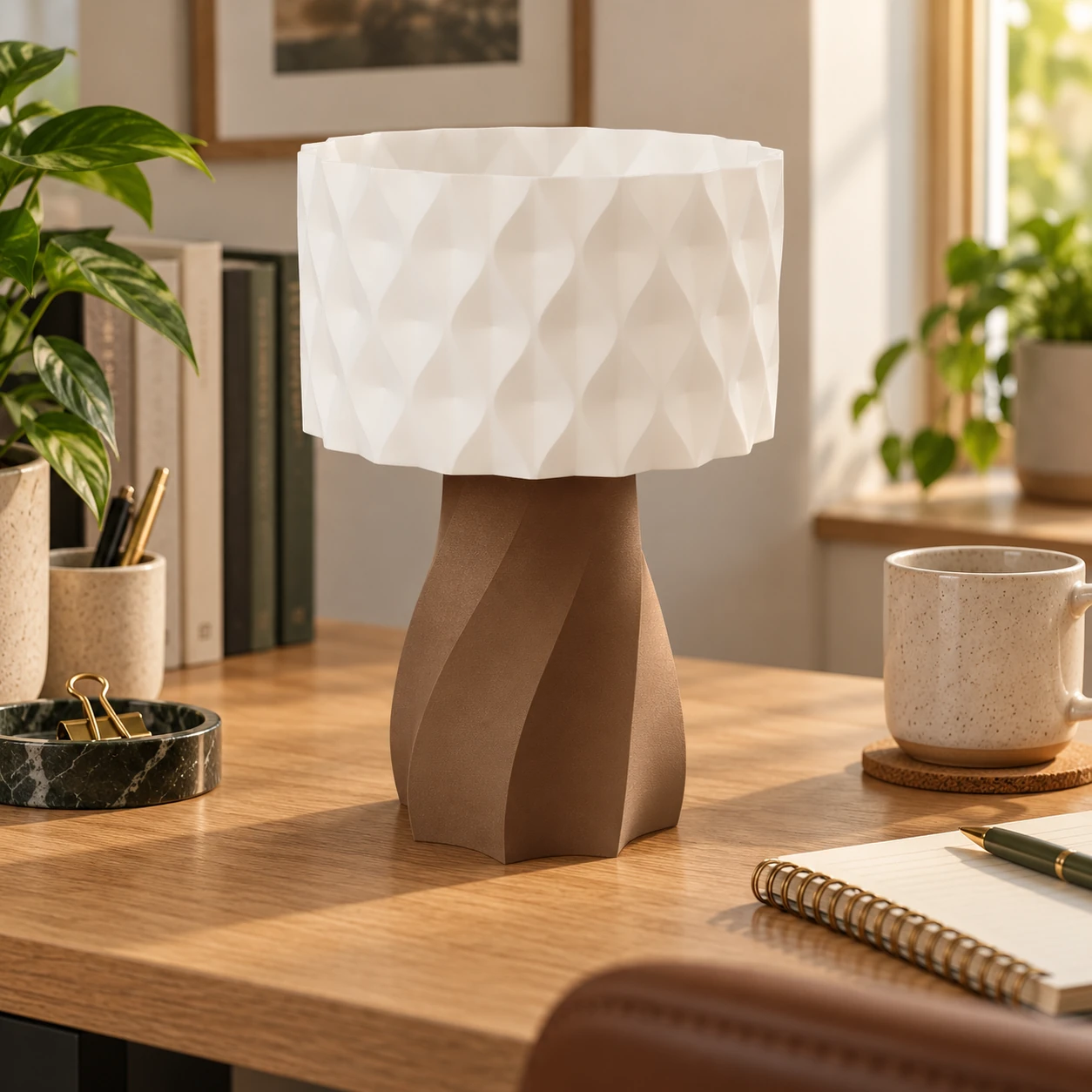 Pink Bnana Twirl Glow Table Lamp with brown base and white shade on a sunlit table