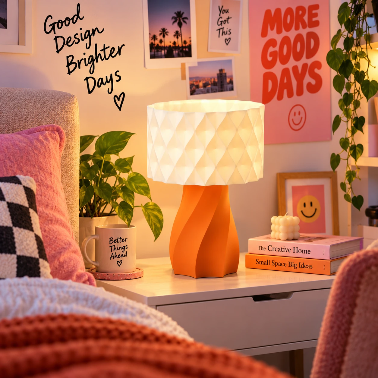 Pink Bnana Twirl Glow Table Lamp with orange base illuminating a colourful bedroom