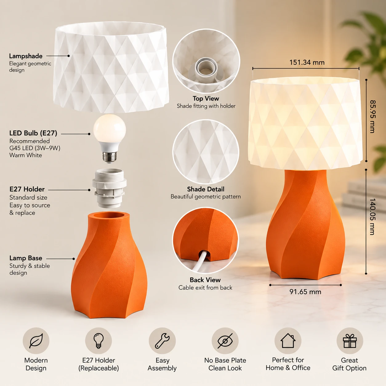 Pink Bnana Twirl Glow Table Lamp orange lamp component and dimension diagram