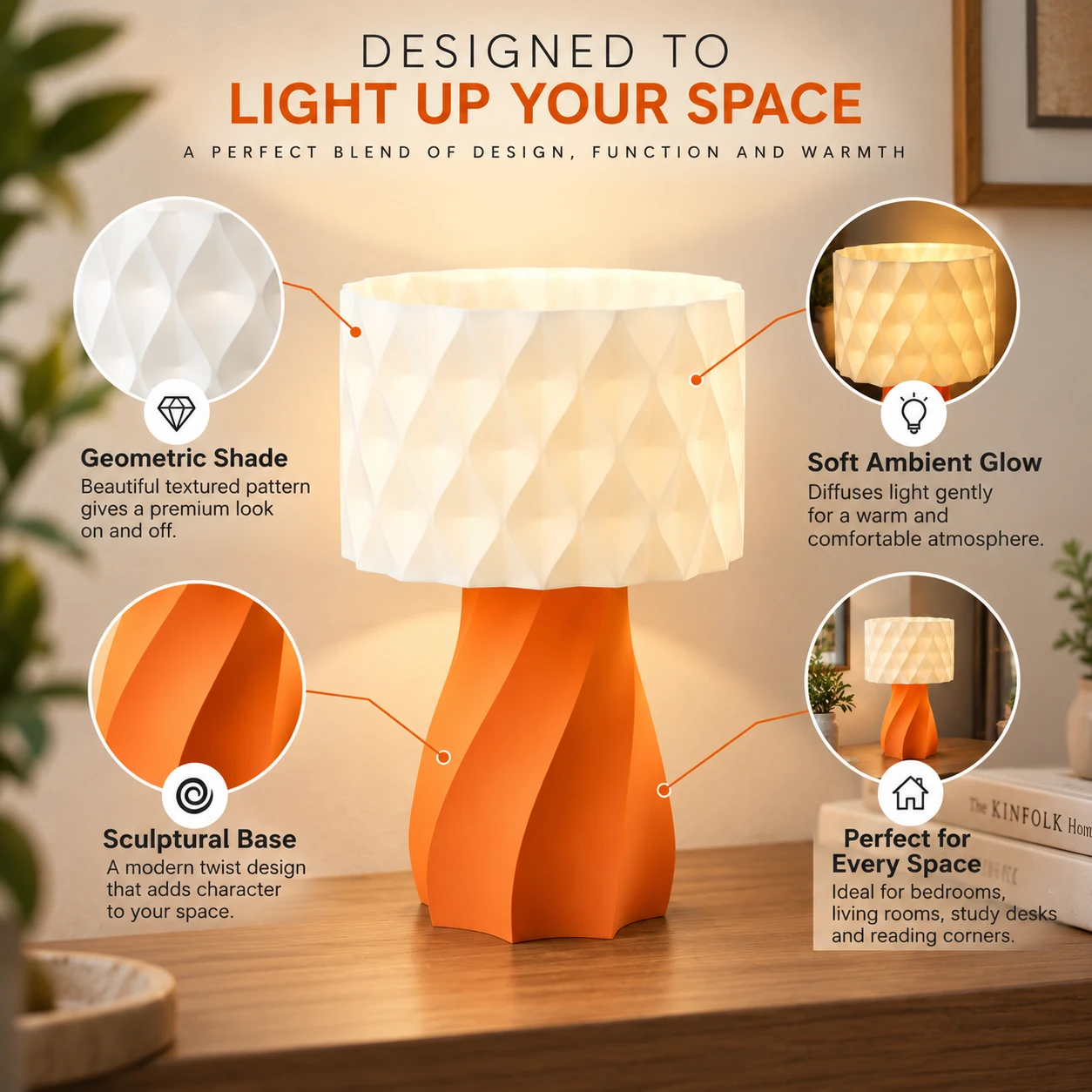 Pink Bnana Twirl Glow Table Lamp orange lamp feature overview showing the geometric shade and twisted base