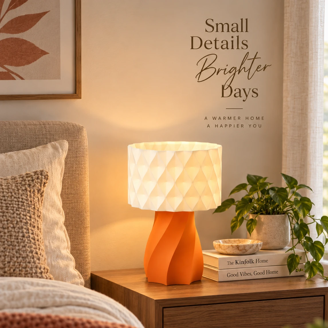 Pink Bnana Twirl Glow Table Lamp with orange base glowing beside a sofa and books