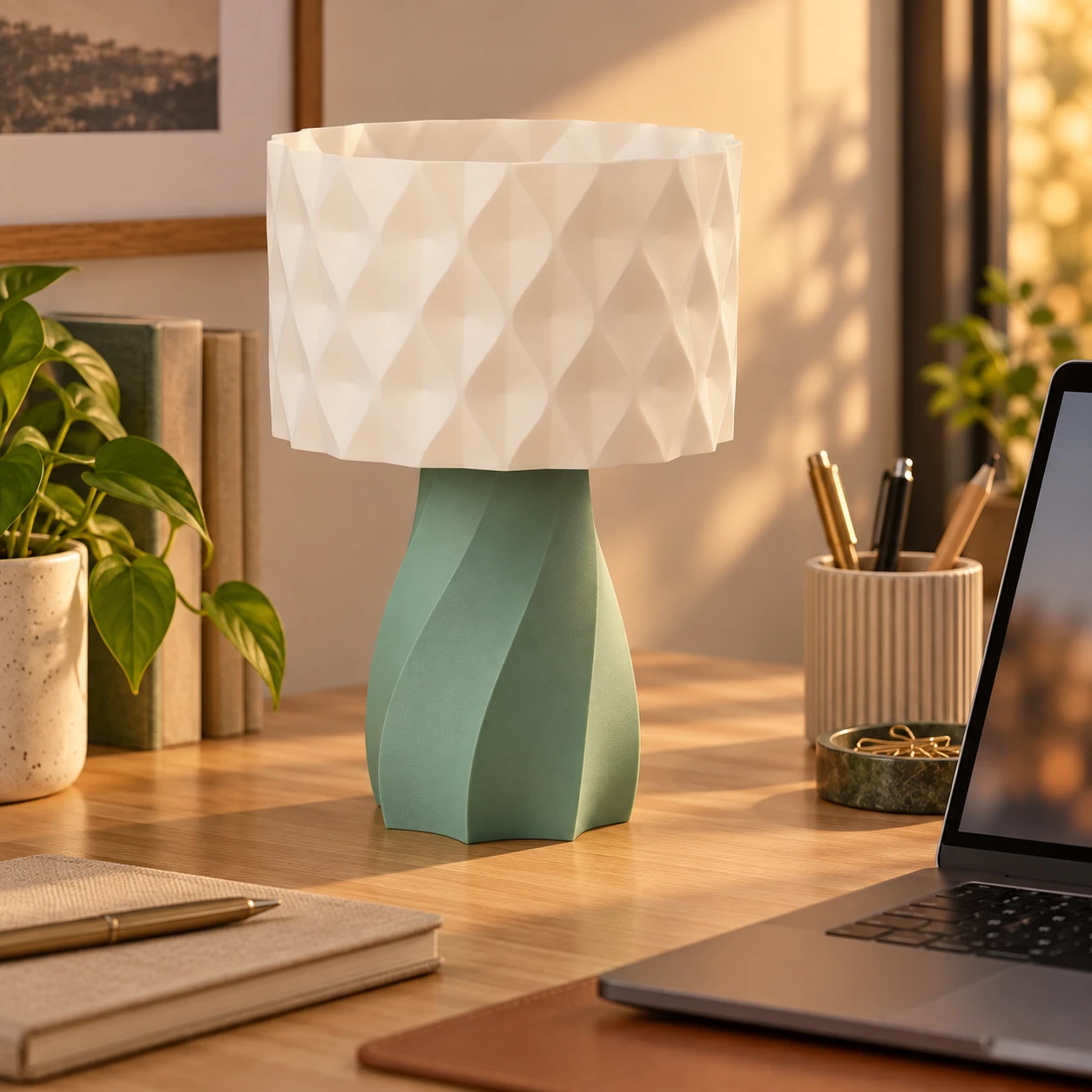 Pink Bnana Twirl Glow Table Lamp with sea green base and white shade on a desk