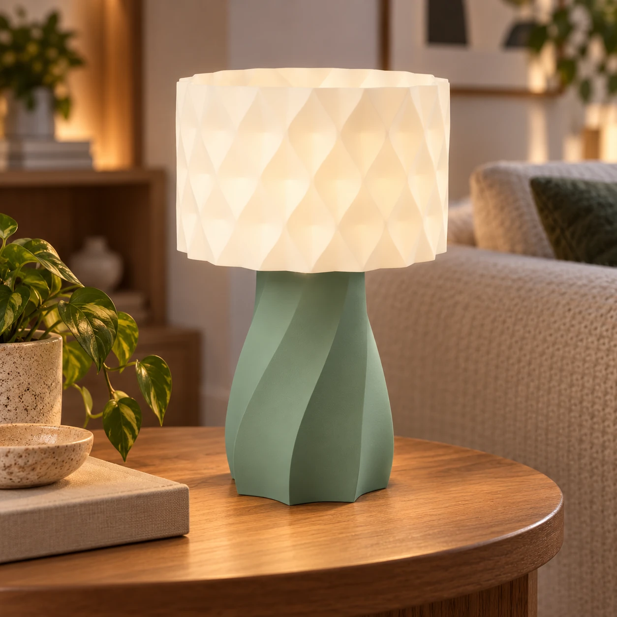 Pink Bnana Twirl Glow Table Lamp with sea green base and illuminated white shade beside a sofa