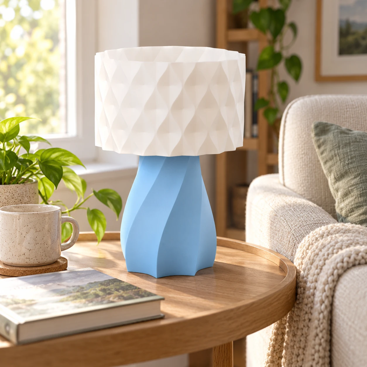 Pink Bnana Twirl Glow Table Lamp with sky blue base and white shade beside a window