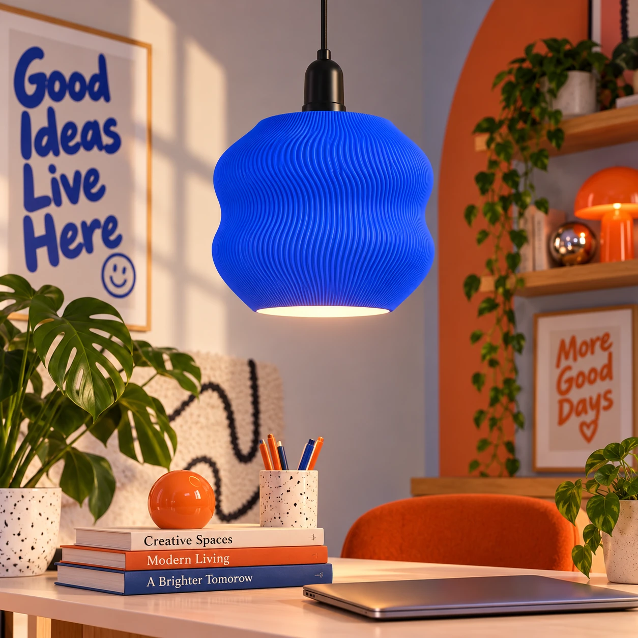 Pink Bnana Wavorra Pendant Lamp in royal blue — workspace setting