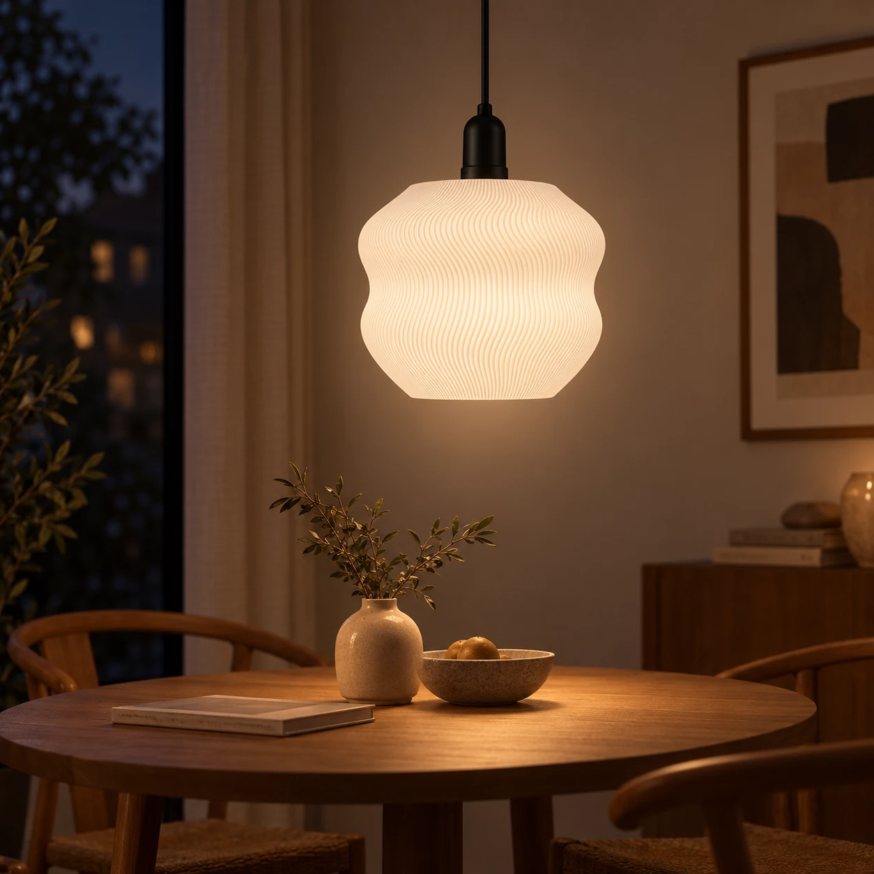 Pink Bnana Wavorra Pendant Lamp in white — evening dining setting